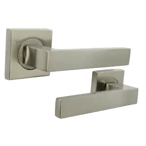 Cafri Door Handle Satin Nickel Rectangular Lever on Square Rose Internal Handles + 64mm Latch