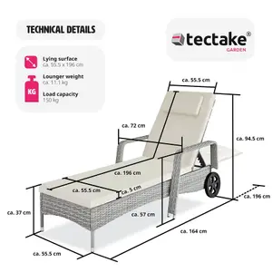 Sun Lounger Cassis - 6-step adjustable backrest, removable headrest, with wheels - light grey