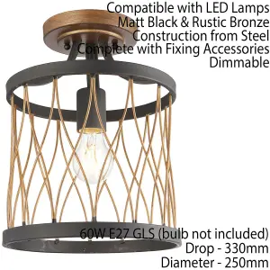 Flush Ceiling Mount Light Black & Bronze Round Rustic Vintage Metal Wire Lamp