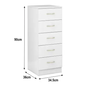 SunDaze Chest of Drawers Bedroom Furniture Bedside Cabinet with Handle 5 Tall Narrow Drawer White 34.5x36x90cm