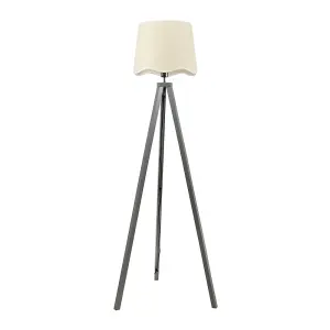 ValueLights Barbro Grey Wood Tripod Floor Lamp with Natural Linen Scallop White Edge Shade and LED Bulb