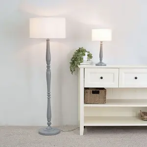 ValueLights Victoria Traditional Grey Wood Candlestick Floor Lamp with White Drum Shade