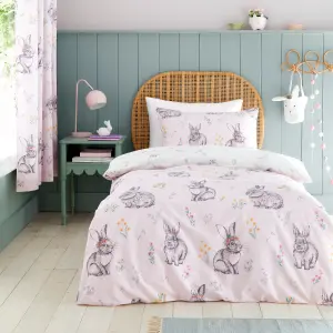 Catherine Lansfield Bunny Tails Ditsy Flowers Reversible Duvet Cover Set with Pillowcases Pink