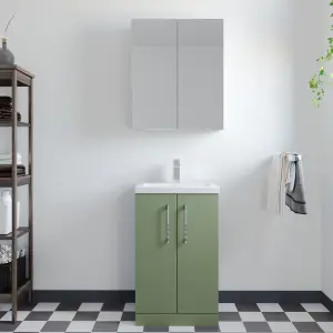 Compact Floor Standing 2 Door Vanity Basin Unit with Ceramic Basin - 500mm - Satin Green