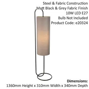 Matt Black Oval Floor Lamp & Grey Fabric Shade - 1360mm Height - Standing Light