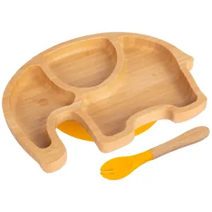 Bamboo Elephant Baby Weaning Plate & Fork Set - Yellow