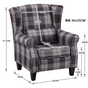 Grey Tartan Linen Wingback Armchair Tub Chair Retro Check Leisure Chair with Cushion