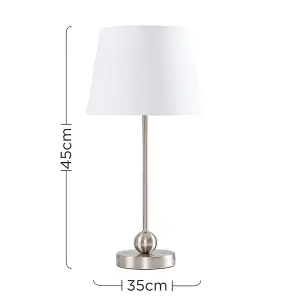 ValueLights Theydon Modern Brushed Chrome Single Stem Metal Ball Table Lamp with White Tapered Shade with LED Golfball Bulb