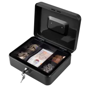 Hardys Metal Cash Box Money Bank Deposit Steel Tin Security Safe Petty Key Lockable - 10" Black