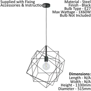 Hanging Ceiling Pendant Light Black Steel Cube Frame 1x E27 Geometric Lamp