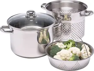 Kitchencraft World Of Flavours Pasta Pot With Strainer And Vegetable Steamer Basket In Gift Box, Induction Safe, Stainless Steel, 4 Litres, Silver