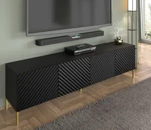 Modern Black Surf TV Cabinet with Gold Legs (W)200cm (H)56cm (D)42cm - Seamless & Sophisticated