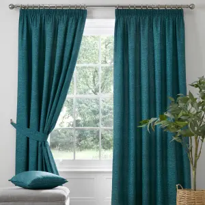 Pembrey Textured Pair of Pencil Pleat Curtains With Tie-Backs