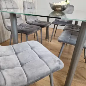 Grey Clear Glass Dining Table With 6 Grey Tufted Velvet Chairs Dining Set