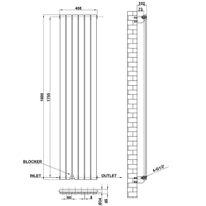 Vertical White Single Flat Panel Radiator (H) 1800 mm x (W) 408 mm, 3284 BTU.