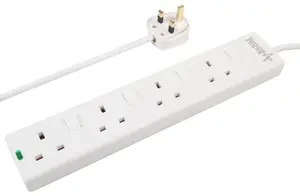 4 Way Individually Switched Surge Protected Mains Power Extension Lead, 3m, White