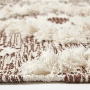 Homescapes Lhasa Handwoven Brown and Cream Textured Diamond Pattern Kilim Wool Rug, 66 x 200 cm