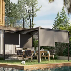 Outsunny 3m x 4m Metal Pergola with Retractable Roof, Outdoor Garden Pergola with LED Lights, Solar Powered, Dark Grey