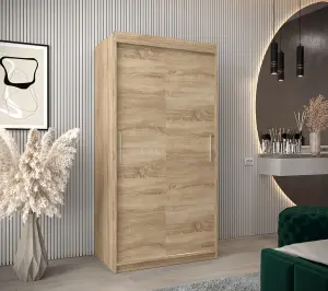 Tokyo Contemporary 2 Sliding Door Wardrobe 5 Shelves 2 Rails Oak Sonoma Effect (H)2000mm (W)1000mm (D)620mm