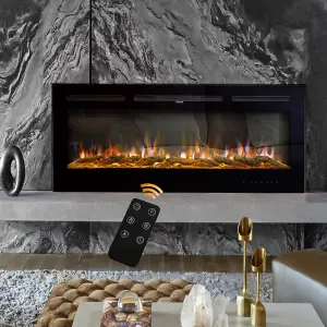 Black Electric Fire Wall Mounted or Recessed Fireplace Heater 12 Flame Colors Adjustable with Remote Control 70 Inch