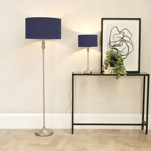 ValueLights Maggie Brushed Chrome Candlestick Floor Lamp with Navy Blue Shade with LED Bulb