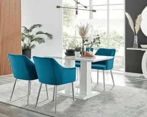 Furniturebox UK 4 Seater Dining Set - Imperia White High Gloss Dining Table and Chairs - 4 Blue Calla Silver Leg Chairs