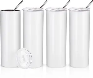 PYD Life Sublimation Blanks Skinny Tumbler White 20 OZ Straight Stainless Steel Tumbler With Metal Straw For Mug Tumbler Heat Press Machine