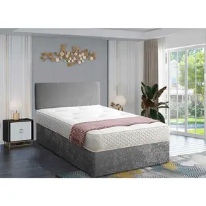 Loria Divan Bed Set with Headboard and Mattress - Chenille Fabric, Silver Color, 2 Drawers Right Side