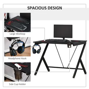 HOMCOM Gaming Desk Computer Table with Cup Holder, Headphone Hook, Cable Hole