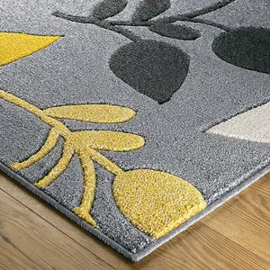 Modern Easy to Clean Floral Grey Rug for Dining Room-200cm X 285cm