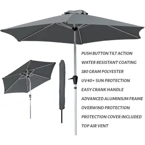 GlamHaus Tilting Garden Parasol Table Umbrella 2.7M with Crank Handle, UV40 Protection, Free Protection Cover - Dark Grey