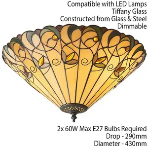 Tiffany Glass Semi Flush Ceiling Light Amber Floral Inverted Round Shade i00050