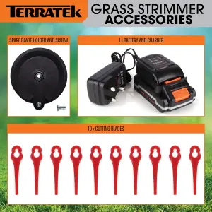 Terratek Cordless Grass Strimmer 20V 1hr Fast Charge Rechargeable Grass Trimmer with 10 Blades Battery and Charger Included