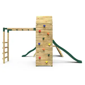 Rebo Wooden Climbing Frame with Vertical Rock Wall, Swing Set and Slide - Pennine+