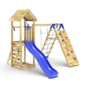 Limited Edition Rebo Wooden Climbing Frame with Swing and Up & over Climbing wall - Bear Blue