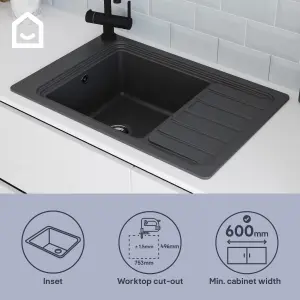 GoodHome Romesco Black Composite quartz 1 Bowl Sink & drainer 515mm x 772mm