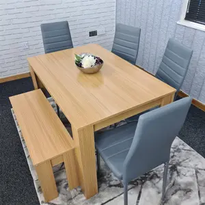 Dining Table and 4 Chairs With Bench Oak Effect Wood 4 Grey Leather Chairs Dining Room