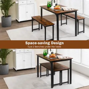 Costway 3 PCS Dining Table Set Space-Saving Kitchen Table Set w/2 Benches