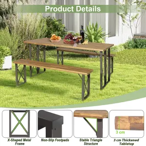 Costway 3 Pieces Outdoor Picnic Table & Bench Set Garden Wooden Dining Table w/ Umbrella Hole