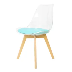 Soho Clear and Aqua Plastic Dining Chair with Squared Light Wood Legs