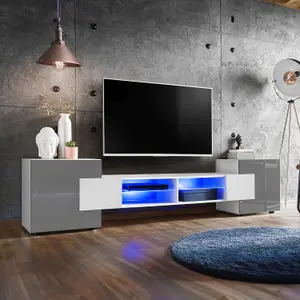 Bridge Wide TV Unit with Storage & Led Lighting - Grey Gloss / White Matt