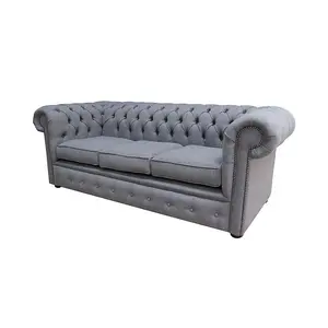 Chesterfield 3 Seater Sofa Charles Slate Grey Real Linen Fabric In Classic Style