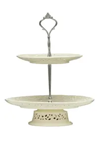 Interiors By Premier Elegant 2 Tier Ceramic Lace Cake Plate, Two Tier Design Cake Stand For Dinner, Versatile Cupcake Plate