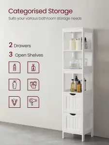 VASAGLE Tall Bathroom Cabinet With Feet And Slim Column With 2 Drawers And 3 Open Compartments, 30 X 30 X 141.5 Cm, White