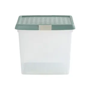 Wham Clip 4x 14L Square Plastic Storage Boxes with Secure Clip Lock Lids. L:29 x W:29 x H:26cm Clear/Green Milieu/Stone