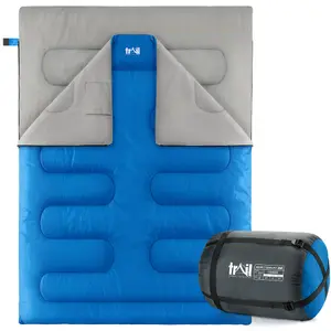 Double Sleeping Bag 2 Season Envelope Outdoor Camping Queen Size 250gsm Blue Trail