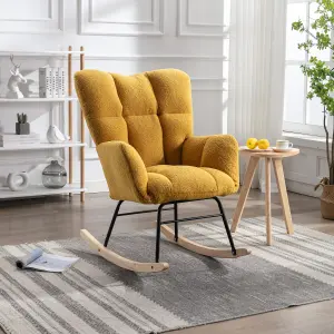 Mid Century Modern Teddy Fabric Tufted Upholstered Rocking Chair Padded Seat For Living Room Bedroom,Yellow