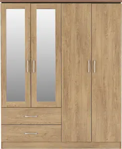 Charles 4 Door 2 Drawer Mirrored Wardrobe in Oak Effect Finish