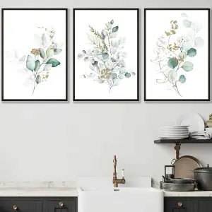 Set of 3 Green Blue Watercolour Eucalyptus Set 1 Wall Art Prints / 42x59cm (A2) / Black Frame