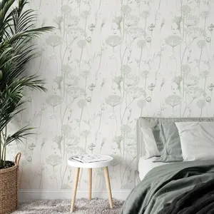 Catherine Lansfield Meadowsweet Floral Wallpaper Sage Green Muriva 165584